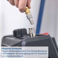 Integrierte Schläuche mit 15 Meter Arbeitsradius, Schnellkupplung mit 1/4" Anschluss und 1 Meter Anschluss-Schlauch