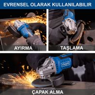 Der Akku-Winkelschleifer BC-AG125-X von Scheppach ist universell einsetzbar. Er eignet sich zum Trennen, Schleifen und Entfernen von Beschichtungen. Die Funktionen sind als Text und Illustrationen dargestellt.