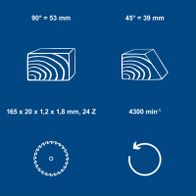 Akku-Handkreissäge mit technischen Daten: 165 x 20 x 1,2 x 1,8 mm, 4300 min⁻¹, Schneittiefe 53 mm bei 90°, 39 mm bei 45°
