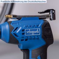 Der Akku-Handkompressor C-AC20-X-Set-L von Scheppach bietet praktische Aufbewahrung des Druckluftschlauches.