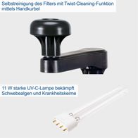 Der Teichdruckfilter Scheppach PFS8000 verfügt über eine Selbstreinigungsfunktion des Filters mit Twist-Cleaning-Funktion mittels Handkurbel und eine 11 W starke UV-C-Lampe, die Schwebealgen und Krankheitskeime bekämpft.