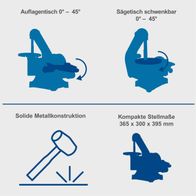 Band- und Tellerschleifer BTS700 mit verstellbarem Tisch von 0° bis 45°, schwenkbarer Sägetisch von 0° bis 45°, solide Metallkonstruktion, kompakte Stellmaße von 365 x 300 x 395 mm.