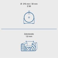 Das Produkt hat einen Durchmesser von 216 mm und 30 mm, mit 60 Zähnen. Die Zahnbreite beträgt 1,8 mm.
