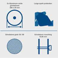 The Scheppach grinder-polisher SM200L features two aluminium oxide grindstones measuring 200 x 20 mm with a grain size of 36/60. The grindstones are mounted with 15,88 mm and provide large spark protection.