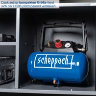Der Kompressor HC06 von Scheppach lässt sich dank seiner kompakten Größe platzsparend verstauen. Er verfügt über einen 1200W Motor, eine Leistung von 200 L/min und einen Druck von 8 bar. Das Gerät wird mit einer 5m Spiralschlauch geliefert.