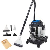 Sprüh- und Waschsauger SprayVac20 von Scheppach mit Zubehör. Gezeigt von der Seite.