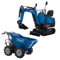 Mini-Excavator und Abwurfwagen von Scheppach mit Grabweite und Spurbreite