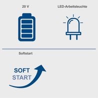 Das Produkt verfügt über eine 20-Volt-Batterie, eine LED-Arbeitsleuchte und einen Softstart.
