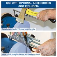 The Scheppach TIGER 2000S wet grinding system grinds axes up to 170 mm head length and is ideal for straight shears and hedge cutters. It is used with optional accessories that are not included.