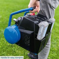 The device features a handle for easy transport. It has a transparent compartment for accessories and a red button likely used for starting or stopping. The ventilation slots ensure good airflow.