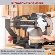 The sliding cross-cut mitre saw PX-KZS-305PA Practixx features a sliding pullout function with parallel guides that requires no space behind the unit. It includes a laser, soft start, and a trombone pullout.