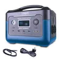 Die Scheppach Powerstation BSG1200MAX verfügt über ein digitales Display, USB-Anschlüsse, eine 12V-Buchse, eine integrierte LED-Lampe und einen Netzanschluss. Sie bietet schnelles Laden und zeigt den Ladezustand an.
