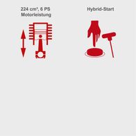 Motorleistung von 224 cm³ mit 6 PS für Rasenmäher MS225-53E, Hybrid-Start-Funktion dargestellt