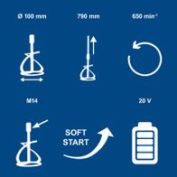 Akku-Farb- und Mörtelrührwerk mit 100 mm Durchmesser, 20 V, 650 min⁻¹ Drehzahl, Soft-Start-Funktion und inklusive Akku sowie Ladegerät