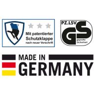 Wippsäge mit patentierter Schutzklappe nach neuer Vorschrift, GS-geprüfte Sicherheit, Made in Germany.
