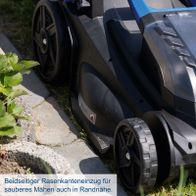 Bild zeigt Akku-Rasenmäher mit beidseitigem Rasenkanteneinzug für präzises Mähen an Randnähe