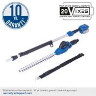 Akku-Teleskop-Heckenschere mit 10-jähriger Garantie. Teil des 20V-Batteriesystems. Online-Registrierung für Garantie erforderlich. Weitere Details unter warranty.scheppach.com.