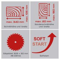 Kapp-Zugsäge PX-KZS-305PA Practixx mit max. Schnittgröße 340 x 105 mm, Sondergröße 340 x 180 mm, Sägeblatt 305 x 30 mm mit 48 Zähnen, Softstart-Funktion.
