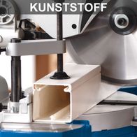 Kappzugsäge mit integriertem Führungssystem für präzise Schnitte, mit angezeigter Höhenverstellung und stabiler Halterung für Material