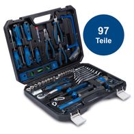 Der Werkzeugkoffer WZK120 von Scheppach enthält 97 Teile, darunter Schraubendreher, Zangen, Nüsse und einen Akkuschrauber. Ideal für Heimwerkerprojekte.