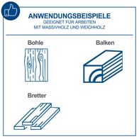 Anwendungsbeispiele für Arbeiten mit Massivholz und Weichholz. Geeignet für Bohlen, Balken und Bretter. Die Maschine kann alle drei Holzarten bearbeiten.
