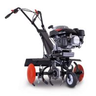Motorhacke MTP560 von Scheppach mit 150ccm OHV-Motor, 3,5PS, Frästiefe 130mm, Fräsbreite 360mm/560mm, 24 Messer. Gezeigt von der Seite.