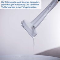 Der Filtereinsatz sorgt für einen besonders gleichmäßigen Farbauftrag und verhindert Verklumpungen in der Farbspritzpistole.
