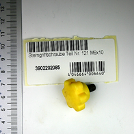 Sterngriffschraube M6x10, Teil Nr. 121, gelbe Kunststoffkappe mit schwarzem Griff, von vorne fotografiert.