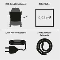Der Scheppach Sprüh- und Waschsauger CUC20-BE hat ein Behältervolumen von 20 Litern, eine Filterfläche von 0,08 m², ein 7,5 Meter langes Anschlusskabel und einen 2 Meter langen feuerfesten Schlauch.