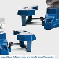 Die Kapp-, Zug- und Gehrungssäge HM216X von Scheppach verfügt über ausziehbare Auflagen rechts und links für lange Werkstücke.