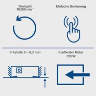 Die Lackfräse LFR720 von Scheppach bietet eine Drehzahl von 10.000 min⁻¹, einfache Bedienung, Frästiefe von 0–0,3 mm und einen kraftvollen 720-W-Motor.