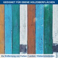 Holzoberflächen mit abgestuften Farben, Lacken und Kleberückständen; Lackentferner für robuste Oberflächen