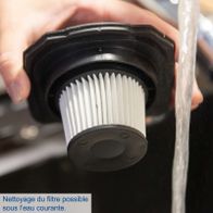 The filter of the cordless hand-held vacuum cleaner C-HVC150-X can be cleaned under running water.