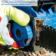 The saw chain can be tensioned quickly and easily using the setting wheel.