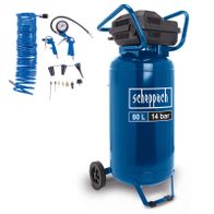 Scheppach Kompressor mit 80 Liter Tank und 14 bar Druck. Inklusive Zubehörset und 10 Meter Schlauch. Ölfrei und mit 330 Liter pro Minute Luftdurchfluss. Gezeigt von der Seite mit Zubehör im Vordergrund.