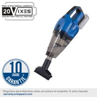 Der Akku Handstaubsauger C-HVC150-X von Scheppach bietet 10 Jahre Garantie bei Online-Registrierung. Teil des 20V Batteriesystems. Mit Faltenfilter F9 Filterklasse und 10kPA Saugleistung. Ohne Akku & Ladegerät.