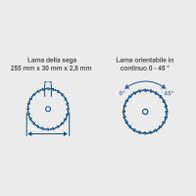 Die Sägeblattscheibe hat die Maße 255 mm x 30 mm x 2,8 mm. Das Sägeblatt ist um 45 Grad neigbar.