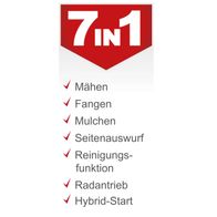 Der Benzin-Rasenmäher MS150-46E von Scheppach bietet folgende Funktionen: Mähen, Fangen, Mulchen, Seitenauswurf, Reinigungsfunktion, Radantrieb und Hybrid-Start.