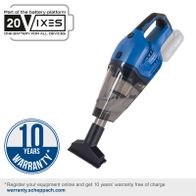 The cordless hand-held vacuum cleaner C-HVC150-X by Scheppach comes with a 10-year warranty upon online registration. Part of the 20VIXES battery platform for all devices. Visit warranty.scheppach.com for more information.
