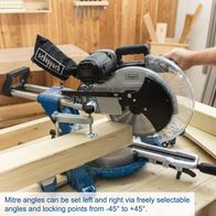 The 12” Sliding Mitre Saw HM140L by Scheppach allows setting mitre angles from -45° to +45° left and right.