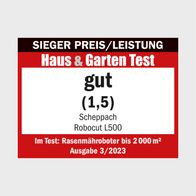 Der Scheppach RoboCut L500 Rasenmähroboter erhielt im Haus & Garten Test 3/2023 die Bewertung gut (1,5) für Rasenmähroboter bis 2000 m². Er ist Sieger im Preis/Leistungsverhältnis.