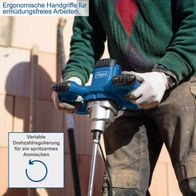 Das Scheppach Handrührgerät PM1400 bietet ergonomische Handgriffe für ermüdungsfreies Arbeiten und eine variable Drehzahlregulierung für spritzarmes Anmischen.