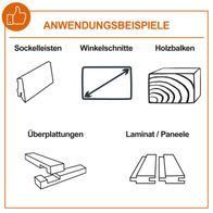 Die Kapp-, Zug- und Gehrungssäge IX-KZP305 IXES eignet sich für Sockelleisten, Winkelschnitte, Holzbalken, Überplattungen und Laminat/Paneele.