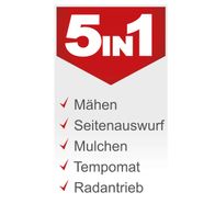 Wichtige Funktionen des Akku-Aufsitzrasenmähers: Mähen, Seitenauswurf, Mulchen, Tempomat und Radantrieb