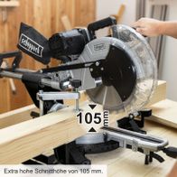 *». Scheppach Kappzugsäge mit 105 mm hoher Schnitthöhe für präzise Arbeiten.