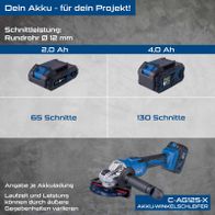 Scheppach Akku-Winkelschleifer C-AG125-X mit Akkuvarianten 2,0 Ah und 4,0 Ah, zeigt Laufzeit und Leistung für 12 mm Rundscheiben mit 65 bzw. 130 Schnitte.