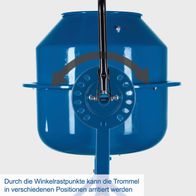 Der Betonmischer MIX65 von Scheppach verfügt über Winkelrastpunkte, die es ermöglichen, die Trommel in verschiedenen Positionen zu arretieren.