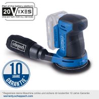 Der Akku-Exzenterschleifer C-OBS125-X von Scheppach bietet 10 Jahre Garantie bei Online-Registrierung. Teil des 20V IXES Akkusystems für alle Geräte. Garantie unter warranty.scheppach.com.