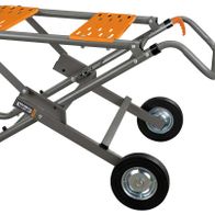Maschinenuntergestell UG2000PRO Toolson von Scheppach, seitliche Ansicht mit orangefarbenen Plattformen und zwei Rädern.