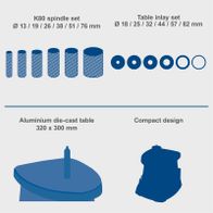 Spindle Sander OSM100 with K80 spindle set (Ø 13–76 mm) and table insert set (Ø 18–82 mm). Aluminium die-cast table (320 x 300 mm) and compact design.